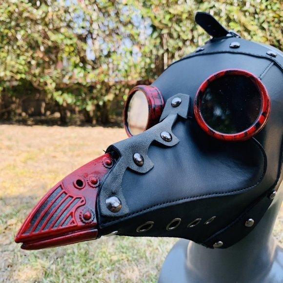 Black Leather Plague Doctor with Red Goggles Masquerade Venetian Party Mask - Picture 3 of 3